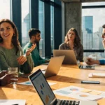 A group of people in a team meeting at an office
