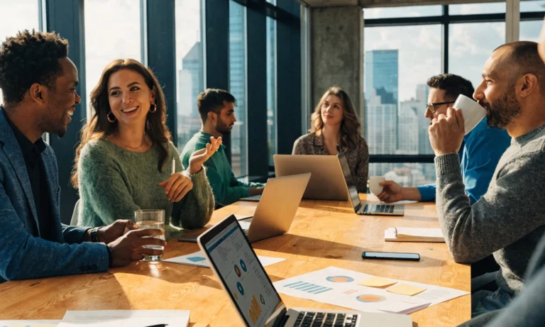 A group of people in a team meeting at an office